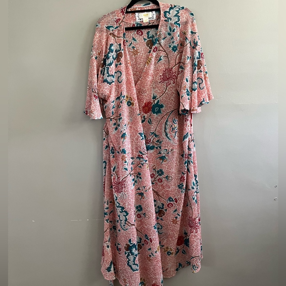 Anthropologie Pink Floral Midi Dress with Teal and Red Accents - Picture 4 of 10